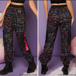 NWT SHEIN x Hello Kitty and Friends Retro Black Neon Graphic Cargo Joggers Small